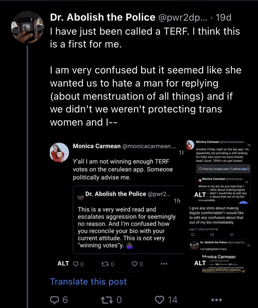 euradiante's tweet photo. Sobre isso, vi no bluesky hoje mesmo quando fiz um busca por feminismo radical: uma mulher que nao se considera feminista radical (inclusive “o abomina”) foi chamada de TERF por uma trans por nao ter concordado com ela sobre alguma coisa aleatoria q nao tem a ver com trans https://t.co/JFK9OzLEG4