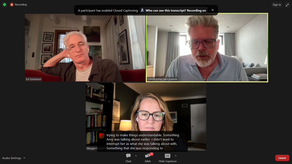 JunotLee's tweet photo. Not everyday you get the best of the best answering your questions. I asked Chris McQuarrie how he writes himself out of corners, he answered: character over plot (99% of studio notes are about plot). And relinquish all control. Shoutout to Ed, Megan and @theblcklst #WordbyWord https://t.co/JkcCnXPIk0
