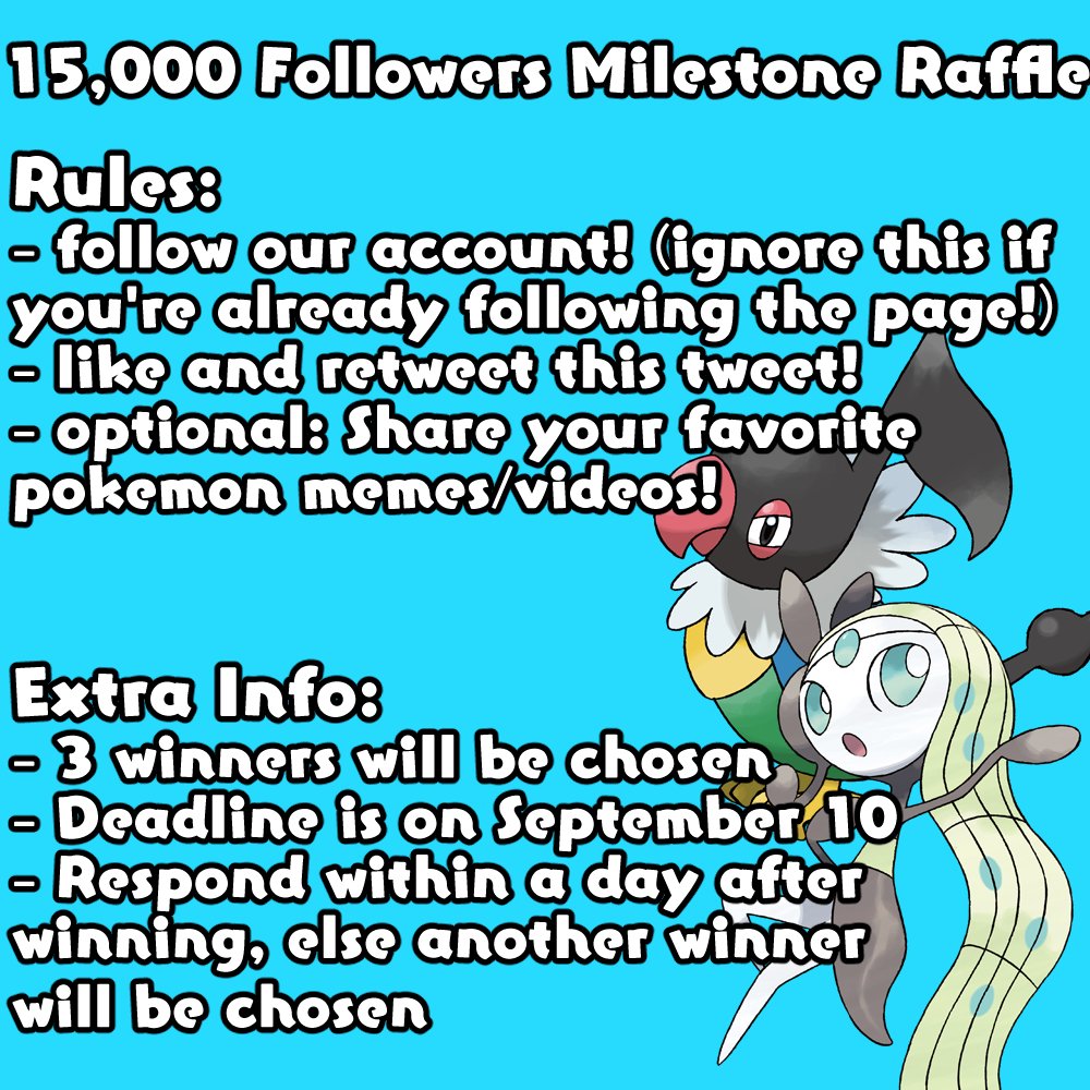 pkmnMusicImages's tweet photo. 💥✨15k Follower Raffle! ✨💥

Thank you so much for 15k followers! We would like to celebrate this milestone by hosting a raffle! Details on how to join and more is on the image below!  

Prizes: 1st place - Pokémon SV DLC 
2nd place - Shiny Legendary 
3rd place- Shiny Chatot https://t.co/ABeIeh0dwf