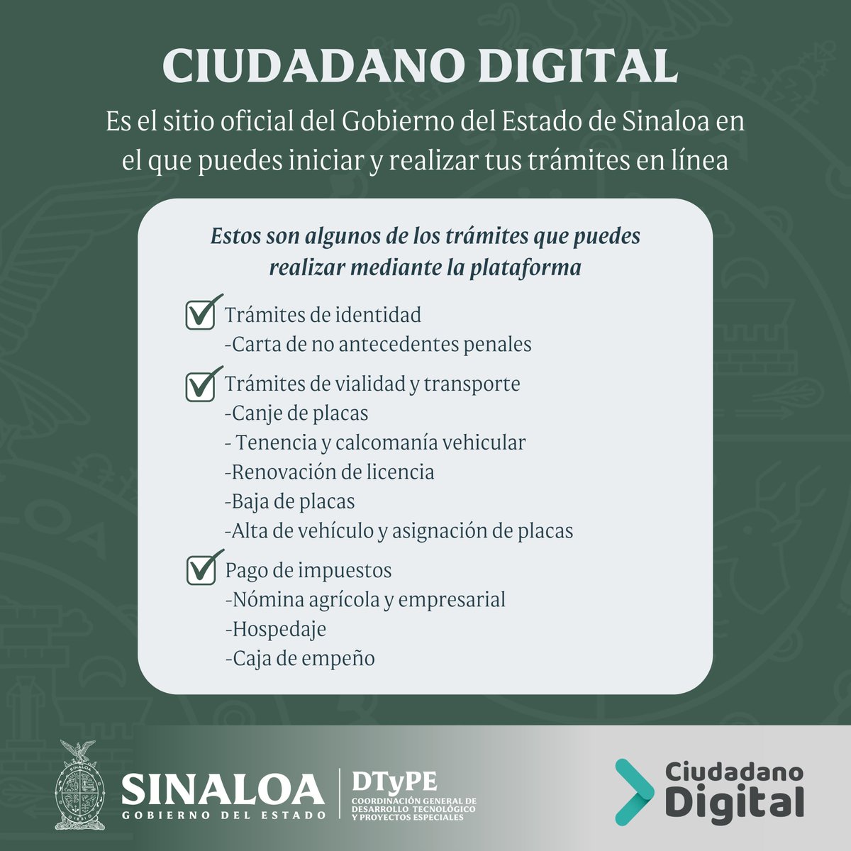 DigitalCdt21's tweet photo. Conoce todos los trámites que puedes hacer a través de Ciudadano Digital. 💻
#CGDTYPE #CiudadanoDigital #GobiernoDelEstadoDeSinaloa #TramiteEnLinea https://t.co/SzvXPOcMJg