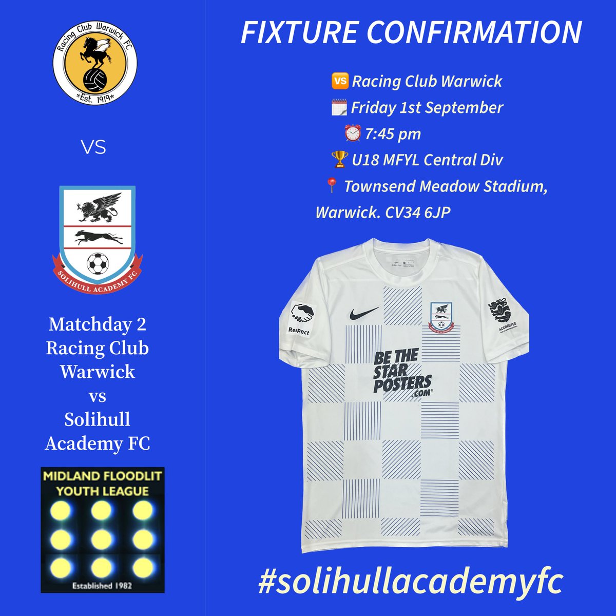 ⚽️ NEXT UP FOR OUR U18’s YOUTH TEAM ⚽️

 🆚 <a href="/RCWFC/">Racing Club Warwick FC</a> 
 🗓️ Friday 1st September 
 ⏰ 7:45 pm    
 🏆 U18 Midland Floodlit Youth League Central Division
 📍 Townsend Meadow Stadium, Warwick, CV34 6JP  

Good luck boys 👍