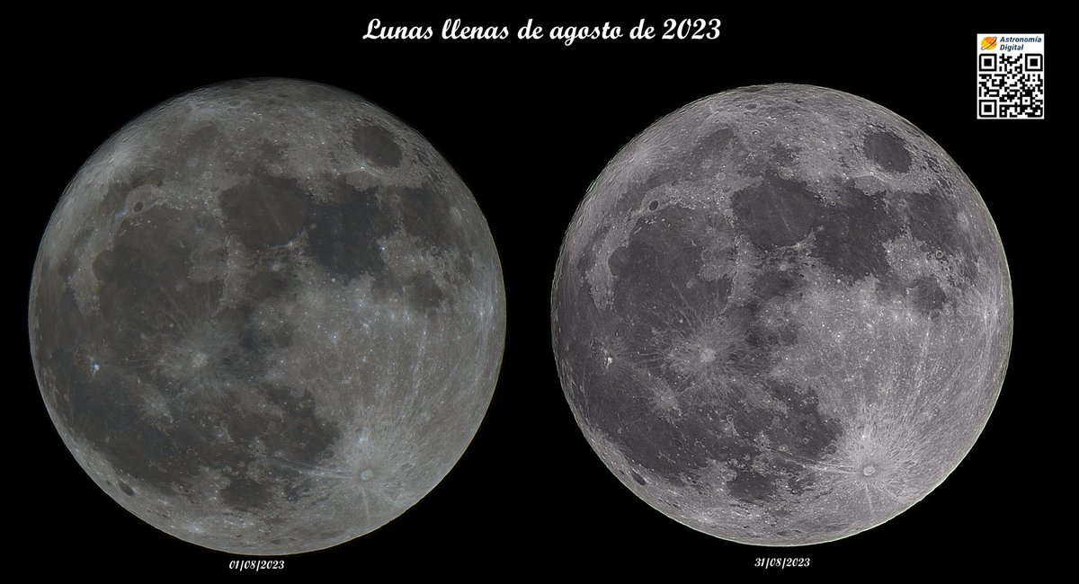 Lunas llenas de agosto, la del 01 de agosto fue realizada con un Newton D200/F1000mm (mosaico 6 teselas) y la del 31 ha sido realizada con un refractor Orión D80/F400mm. Trabajo en equipo con <a href="/JJGodoy5/">JJ Godoy</a> #cielosESA
