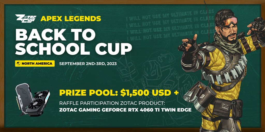 #ApexLegends @ZotacCup Back to School Cup 🏟 Trios Battle Royale 🌎 USA/CAN 💰 $1,500 💯 FREE to join ⏰ 4:00pm ET Sat, Sept 2nd - Sun, Sept 3rd bit.ly/3suPBDu Share with your friends & foes 🧡 Define your legacy! #VeNomNews #vnmApex #vnmFAM @OLTRTs