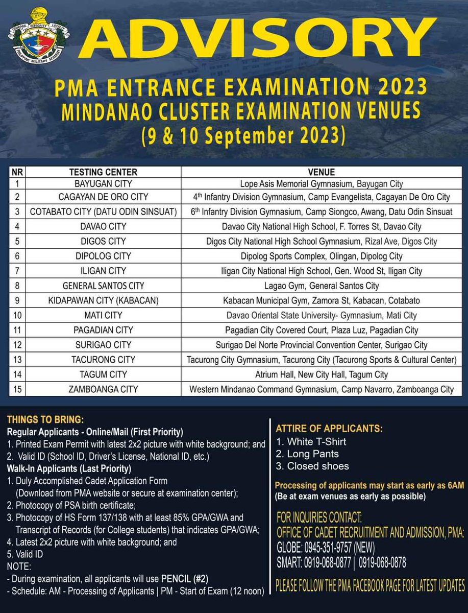 Philippine_Navy's tweet photo. READ | PMAEE 2023 Announcement for Mindanao Cluster on Sept 9 & 10
โก๏ธ https://t.co/LGWw9Okp7c
๐๐ธ @PMA_CCAFP
#TakethePMAChallenge
#BeAPMACadet
#ProtectingtheSeasSecuringOurFuture
#ModernandMultiCapablePHNavy
#AFPyoucanTRUST https://t.co/ZyXvGNUXjI