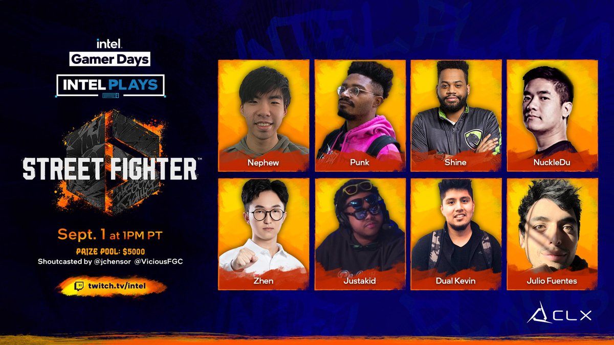#IntelGamerDays is heating up 🥊 Catch all the #StreetFighter6 Invitational action tomorrow during #IntelPlays! Your chance to win prizes from @CLXgaming 🎁 Prize Pool: $5000 💰 Shoutcasters: @jchensor @ViciousFGC 🎙️ 📺 Twitch.tv/Intel 📅 September 1st at 1PM PT