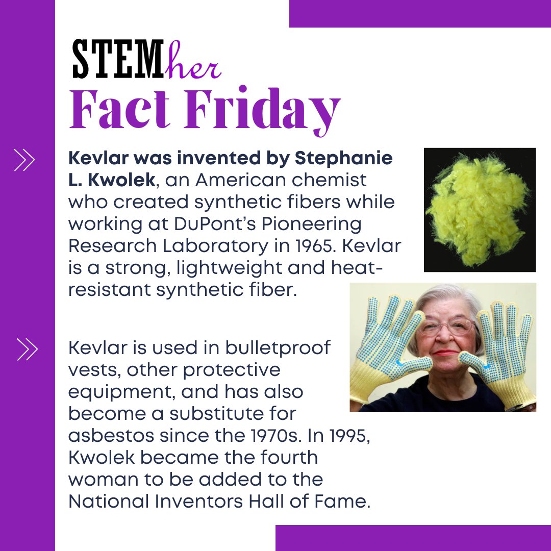 STEMher_'s tweet photo. Kevlar was invented by Stephanie Kwolek, a Polish-American chemist who created synthetic fibers while working at DuPont in 1965. Kevlar is a strong, lightweight &amp; heat-resistant synthetic fiber. It's used in bulletproof vests &amp; other protective equipment. #factfriday #womeninstem https://t.co/p7TuUMMs4p