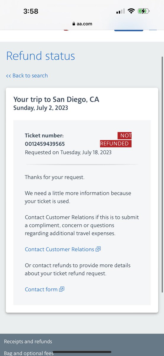 AshleyNaubert's tweet photo. American Airlines didn’t refund my flights that were unused due to a 12+ hour delay, missed connection &amp; no available flights for several days. Forced to get a rental car &amp; are not refunding any of what they promised. Wait 14 business days as suggested Please help @AmericanAir https://t.co/PSIWKTniAM
