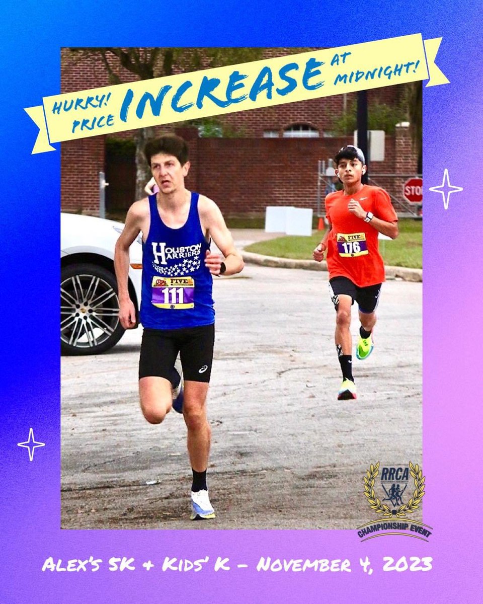 Price increase tonight at midnight! Be part of an awesome family-friendly event. 2023 <a href="/RRCAnational/">RRCA</a> Texas State 5k Championship! Top runners receive RRCA Awards as well as race awards.  #doubledipping allowed! 

runsignup.com/Race/Info/TX/H…

#HoustonRuns #runhou #runforautism