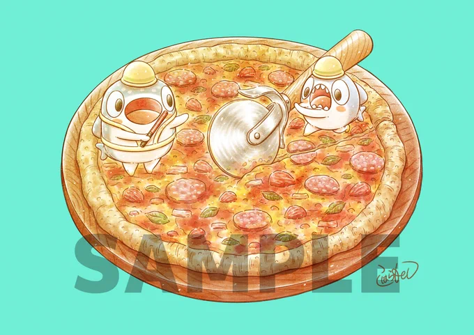 9月のFANBOX特典のイラストプレゼント!「ピザをカットする ちいさめ と 誘導する じんべえ」です!このイラストを使用したネットプリントやポストカード郵送やカレンダー壁紙など…色々な形でお受け取りできます!今月もよろしくです! 