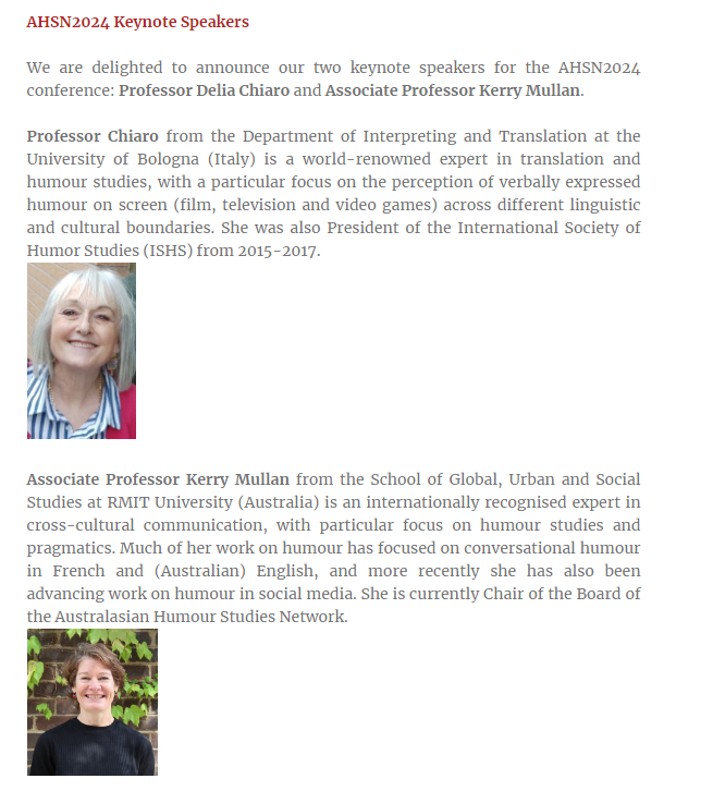 AHSN_Humour's tweet photo. 📢AHSN2024 announcement:  

We are delighted to announce our two keynote speakers for the AHSN2024 conference: Professor Delia Chiaro and Associate Professor Kerry Mullan. https://t.co/wkaCnyuxjU