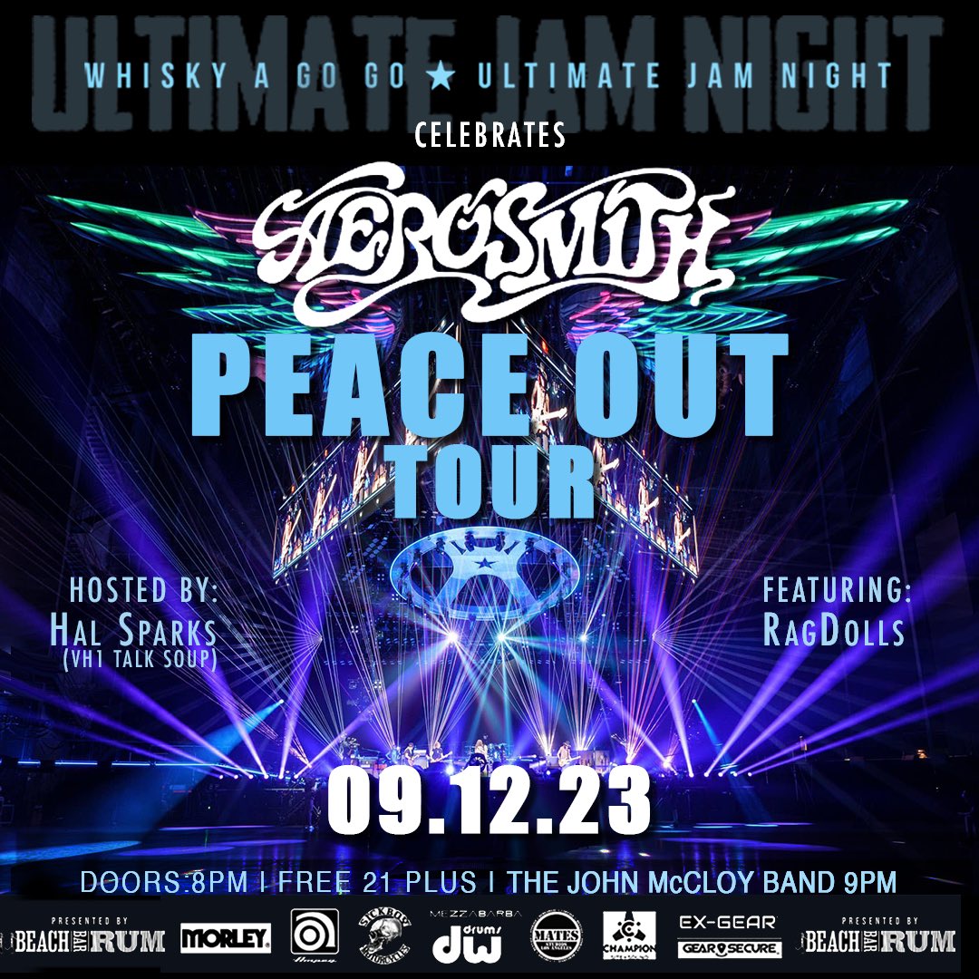 SAVE THE DATE! 🦋 Ultimate Jam Night celebrates the Aerosmith Peace Out Tour with music from their storied career. Special mini-set performance by RagDolls Aerosmith Tribute the ultimate all-female #Aerosmith tribute, and other top musicians.