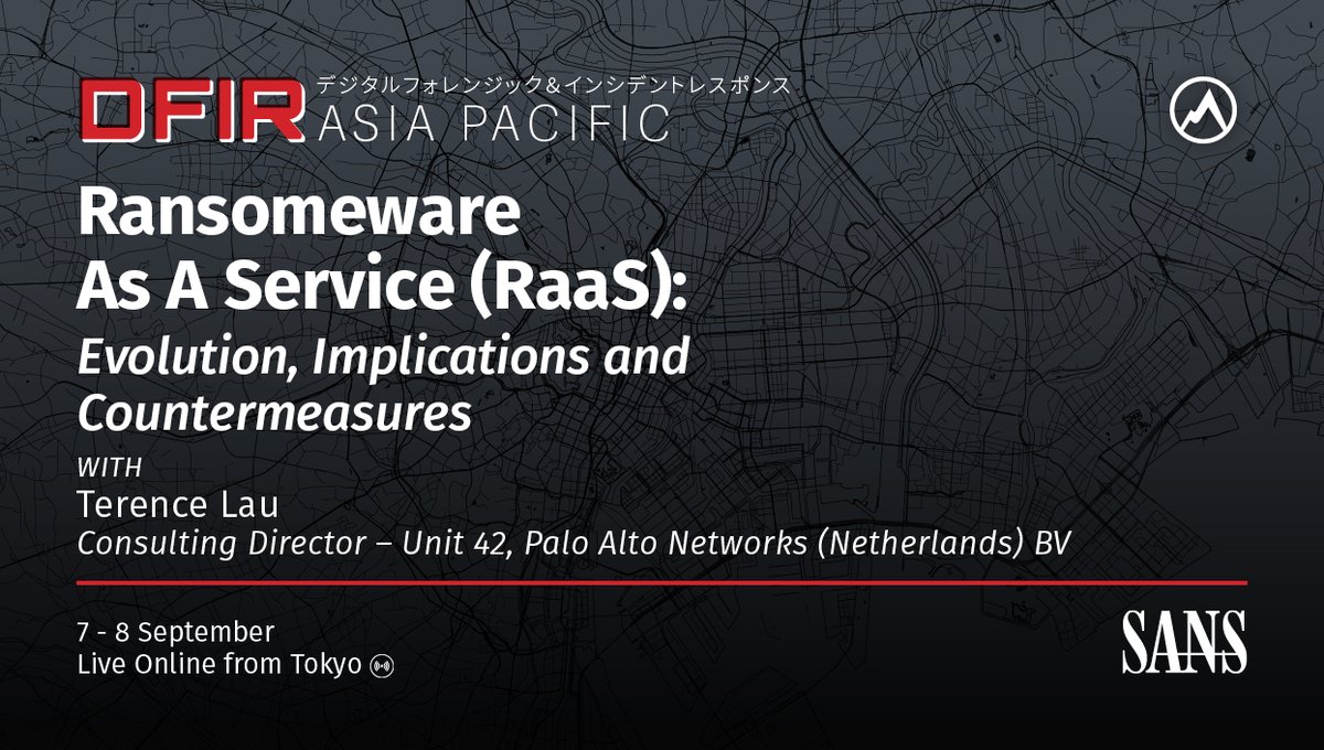 SANSAPAC's tweet photo. Don't miss this upcoming #APACDFIRSummit talk! 🗓️
🎤 Ransomware As A Service (RaaS): Evolution, Implications and Countermeasures
👥 Terence Lau, Consulting Dir, Palo Alto Networks (Netherlands) BV
✍️ Join us September 7 - 8 for Free Live Online: https://t.co/bvr9fQ5UMi https://t.co/3dbDjSPOu1