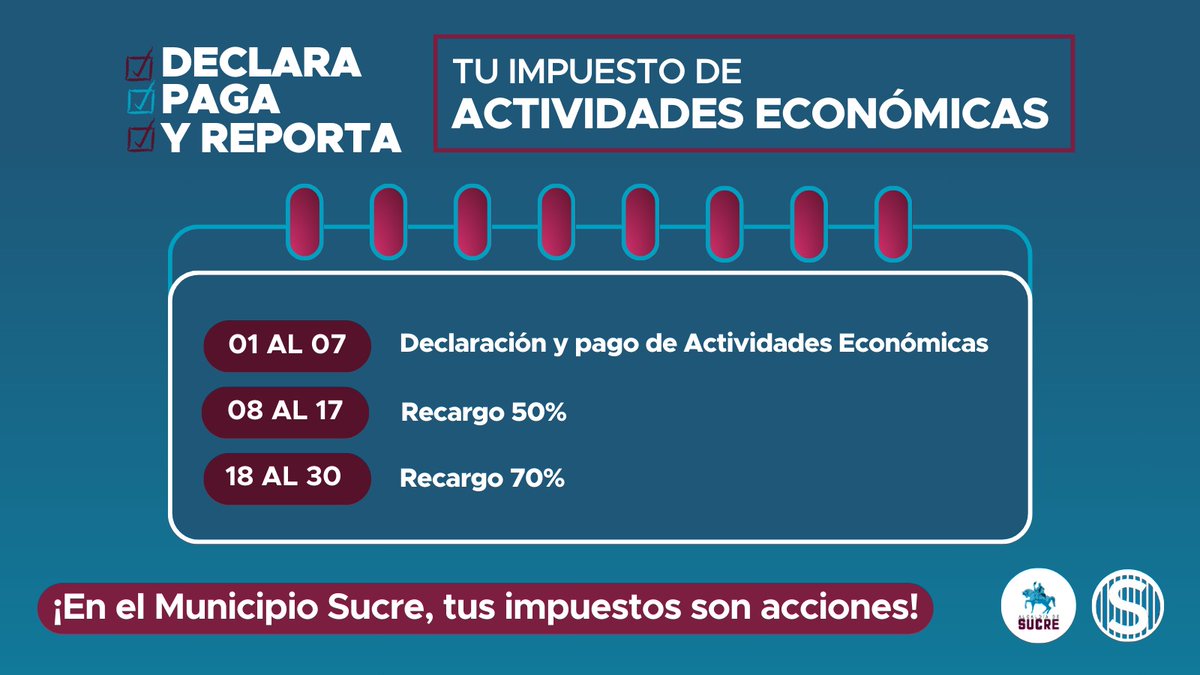 Te invitamos a cumplir con el lapso de declaración y pago de Actividades Económicas,  así evitas gastos adicionales a tu negocio. En el Municipio Sucre, tus impuestos son acciones! 💯 #31Ago