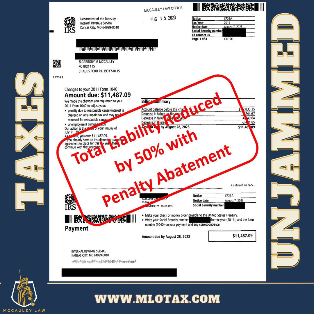 TAXJAMS's tweet photo. Celebrating another victory for our client! 💼🎉 #McCauleyLawOffice is thrilled to share this success story – we saved our client over $11k by pursuing a penalty abatement. 🙌💰 We're here to make sure you get the best outcomes. 💪📚 #FinancialVictory #ClientSavings https://t.co/UajtR1cbCT