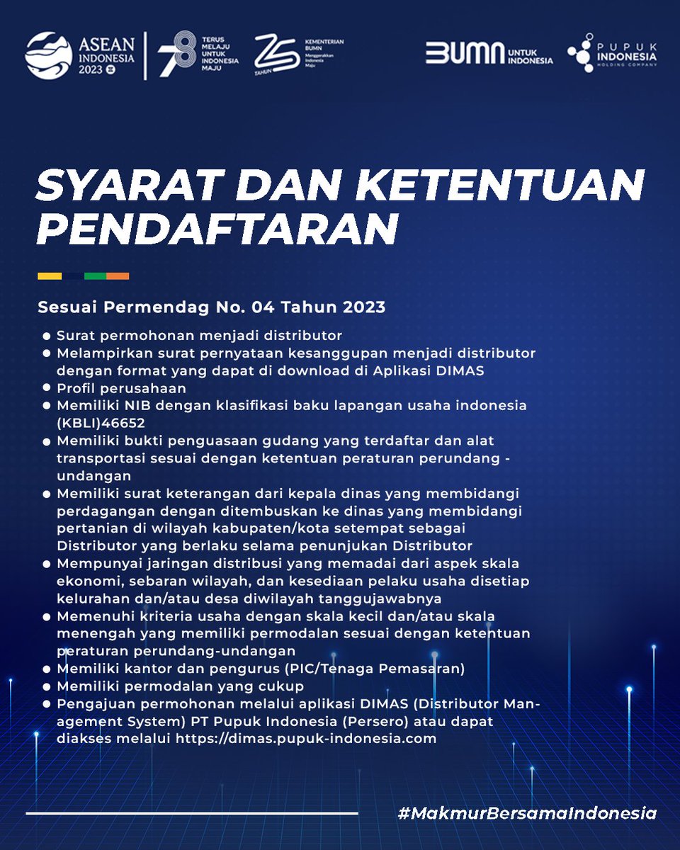 pupuk_indonesia's tweet photo. Sobat Pupuk,
Untuk mendaftar jadi distributor pupuk bersubsidi, bisa mendaftar secara online melalui website Distributor Management System (DIMAS)  https://t.co/8fNj6Z3B6W mulai 1 s/d 15 September 2023!
Yuk cek syarat dan ketentuannya!

#PupukIndonesiaAda
#MakmurBersamaIndonesia https://t.co/aPb5dnPaBm