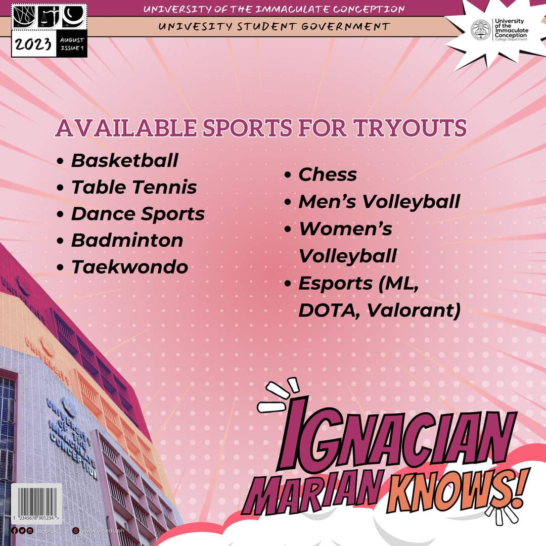usguic's tweet photo. 🏆 Ignacian Athlete Tryouts 🏆

Showcase skills at varsity tryouts:
🏀 Basketball
🏓 Table Tennis
💃 Dance Sports
🏸 Badminton
♟️ Chess
🏐 Men’s/Women’s Volleyball
🥋 Taekwondo
🎮 ESports (Valorant, DOTA 2, ML)

📍 Coach queries: Approach. 
📍Sportswear. 

Good luck! https://t.co/MVIBf6aghp