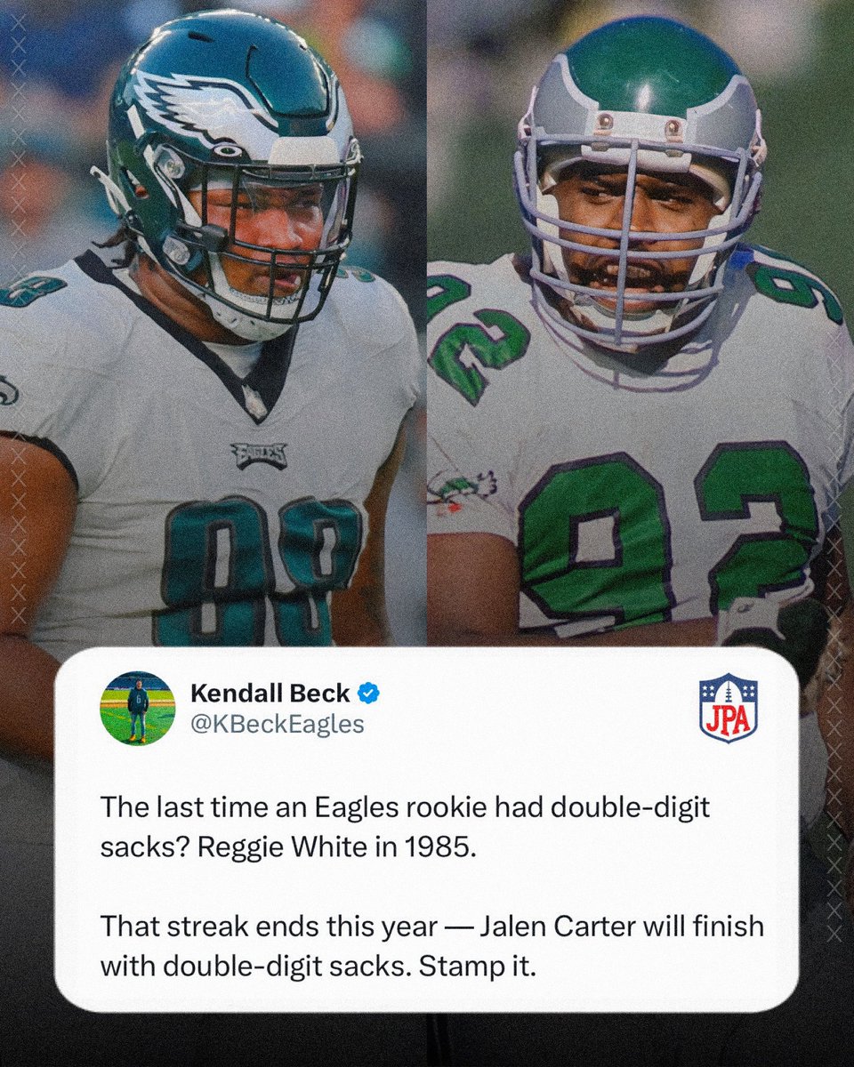jasrifootball's tweet photo. The #Eagles haven’t had a rookie DT with double digit sacks in nearly 40 years…

Will Jalen Carter end the curse? https://t.co/hPvwhvzKri