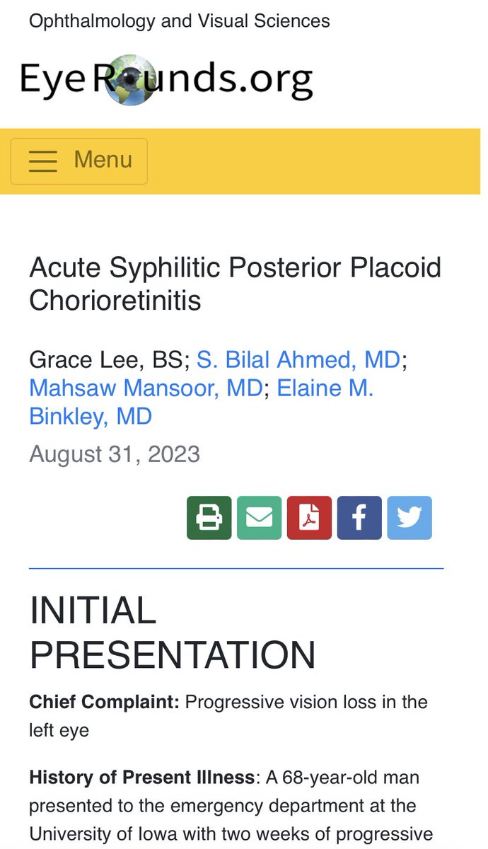 New case now on Eyerounds!

Acute syphilitic posterior placoid chorioretinitis can be a rare manifestation of ocular syphilis. What characteristic pattern can be found on FA? 

Find the answer here: eyerounds.org/cases/346-ASPP…

<a href="/LeeGrace_05/">Grace Lee</a> 
<a href="/honestlybilal/">Bilal Ahmed</a> 
<a href="/highhopemyope/">Mahsaw Mansoor, MD</a>