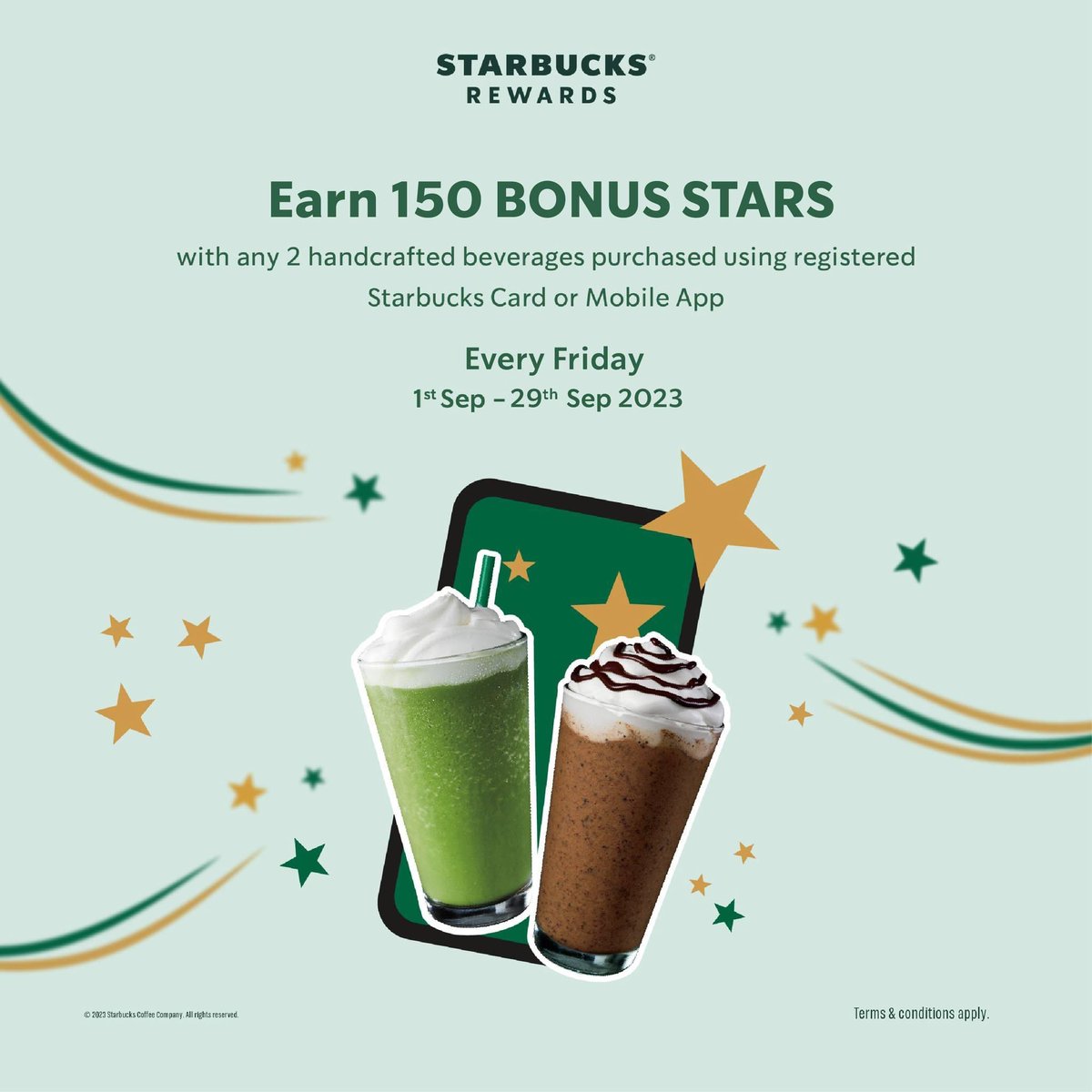We are back with more perks for Starbucks Rewards members! ⭐️💚 
And this time, you can earn the STARS not only just purchase in-store, but through Mobile Order &amp; Pay too!

PS: 150 STARS + 150 STARS = 300 STARS = 1 FREE Food or Beverage 😎 You do the math!

If you are not a