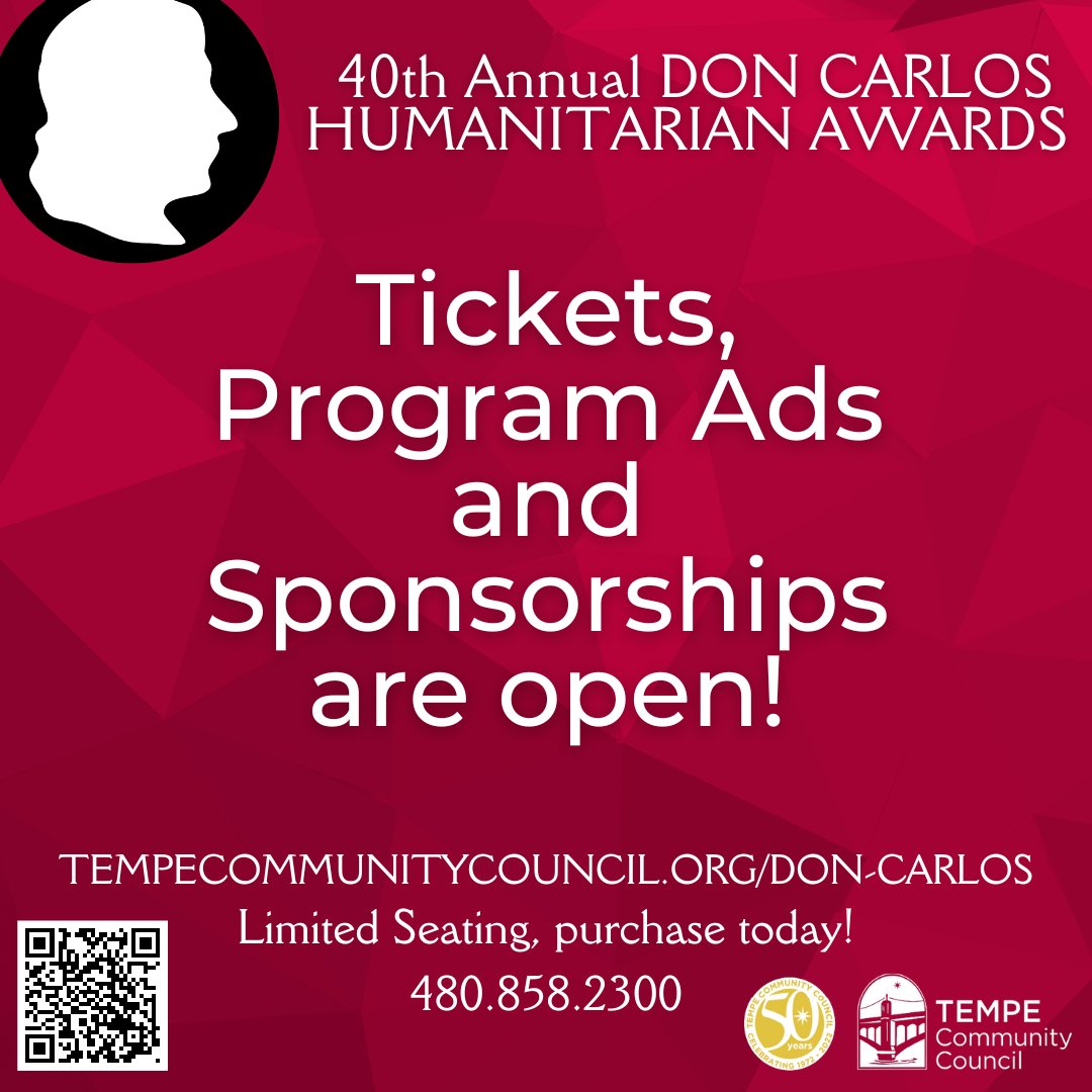 Mark your calendars for our 40th Annual Don Carlos Humanitarian #Awards! Join us on September 27 at the SRP Pera Club to celebrate and honor #Tempe's most prestigious #Humanitarian and honorees. To purchase tickets, program ads, and sponsorships, visit: tempecommunitycouncil.org/don-carlos/