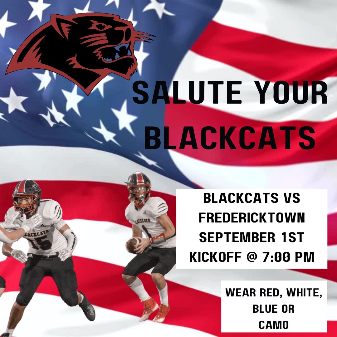 🇺🇸We Salute You <a href="/HerkyFootball/">Herculaneum Football</a> 🏈 Show up at the game in your Red, White and Blue or Camo! Let’s gets that Win tomorrow against Fredericktown! #wearetheblackcats