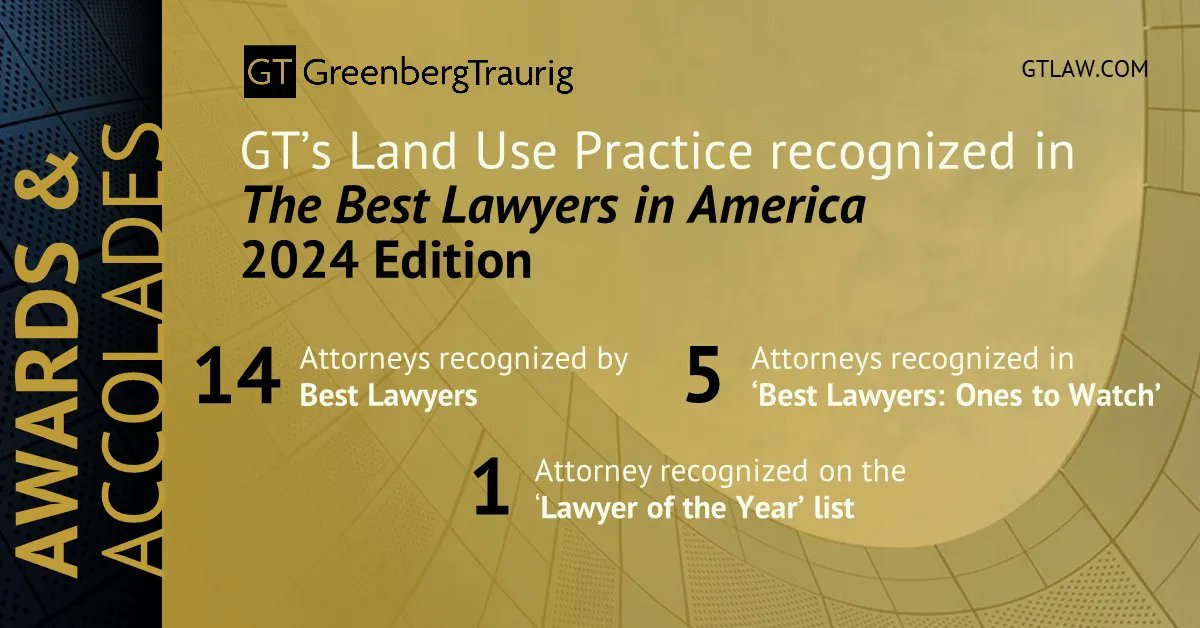 GT_Law's tweet photo. Congratulations to GT's Land Use Practice attorneys for being recognized in the 2024 edition of @BestLawyers in America, Best Lawyers in America: Ones to Watch, and Lawyer of the Year! 🏆 
Read more: https://t.co/QfccO4qs0z. #GTNews #LandUse #BestLawyers #LegalAwards https://t.co/eK8usv8tUi