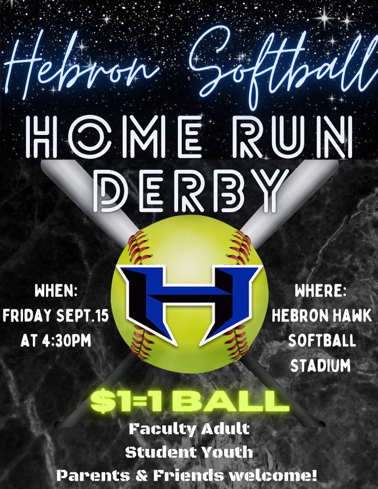 Think you got what it takes to take one yard? Let’s find out 👀💣

Come support <a href="/HebronSoftball/">Hebron Softball</a> in their first annual HOME RUN DERBY Friday, September 15th at 4:30 pm 
@ Hawk Softball Stadium🥎

$1 per ball, no limit, front toss off Coach Herndon

Show us what you got Hawks💪🏼