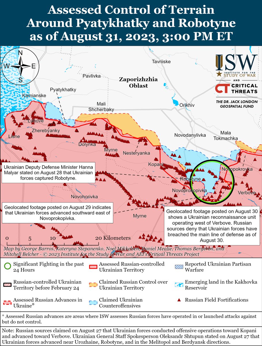 Ukrainian forces continued offensive operations in western #Zaporizhia Oblast and reportedly advanced on August 31. Russian milbloggers claimed that Ukrainian forces have advanced closer to the western outskirts of #Verbove and near #Robotyne.🧵 isw.pub/UkrWar083123