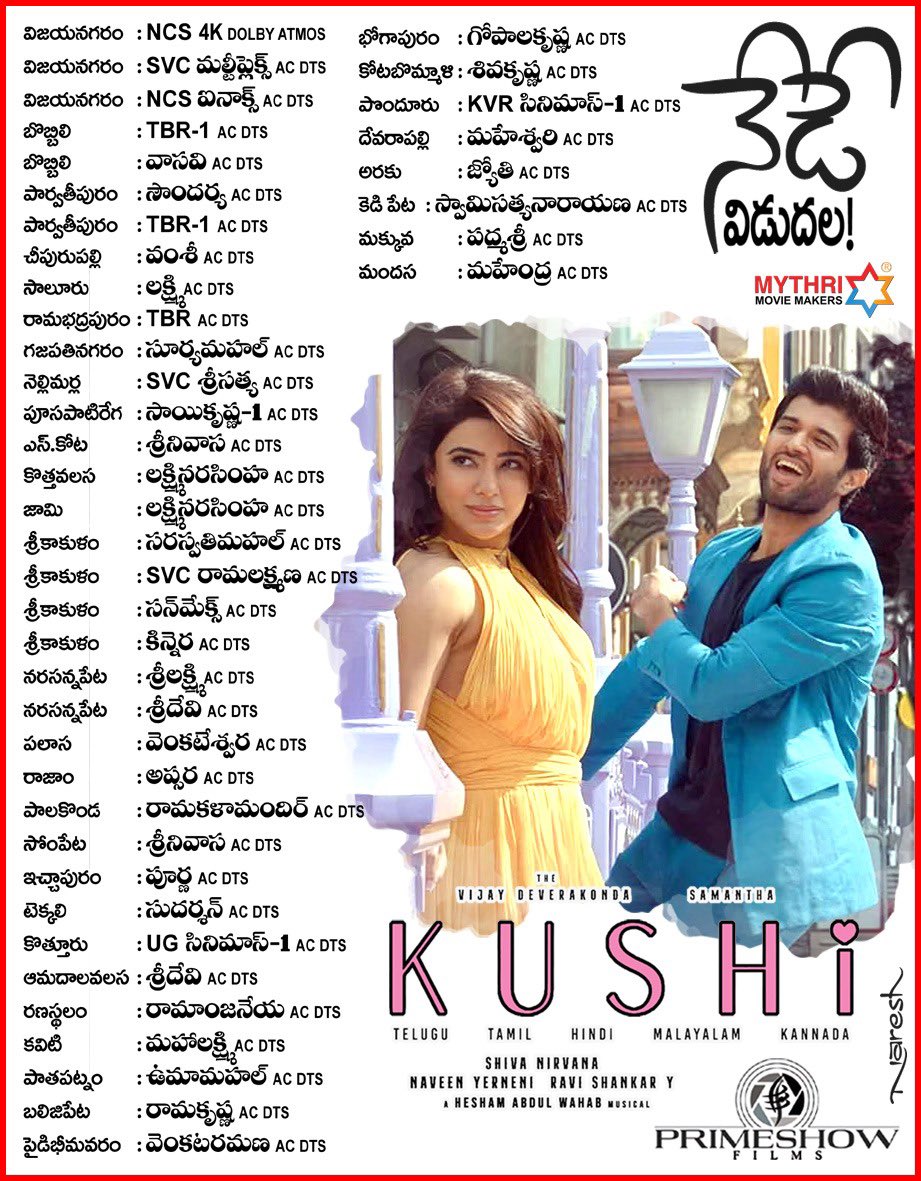 నేడే విడుదల !!

#Kushi Uttarandhra Theater's List !!

Release by <a href="/primeshowfilms/">Primeshowfilms</a> !!

<a href="/TheDeverakonda/">Vijay Deverakonda</a> <a href="/Samanthaprabhu2/">Samantha</a> <a href="/ShivaNirvana/">Shiva Nirvana</a> <a href="/MythriOfficial/">Mythri Movie Makers</a> @HeshamAWMusic <a href="/saregamasouth/">Saregama South</a>

#KushiFromToday