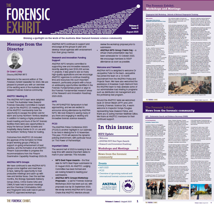 NIFS_ANZ's tweet photo. The latest edition of The Forensic Exhibit is now available for download. Discover the exciting work being undertaken by the Australia New Zealand forensic sciences community https://t.co/3WWDPIcjvN #forensics #research #innovation #newsletter https://t.co/VviLnKe2xp
