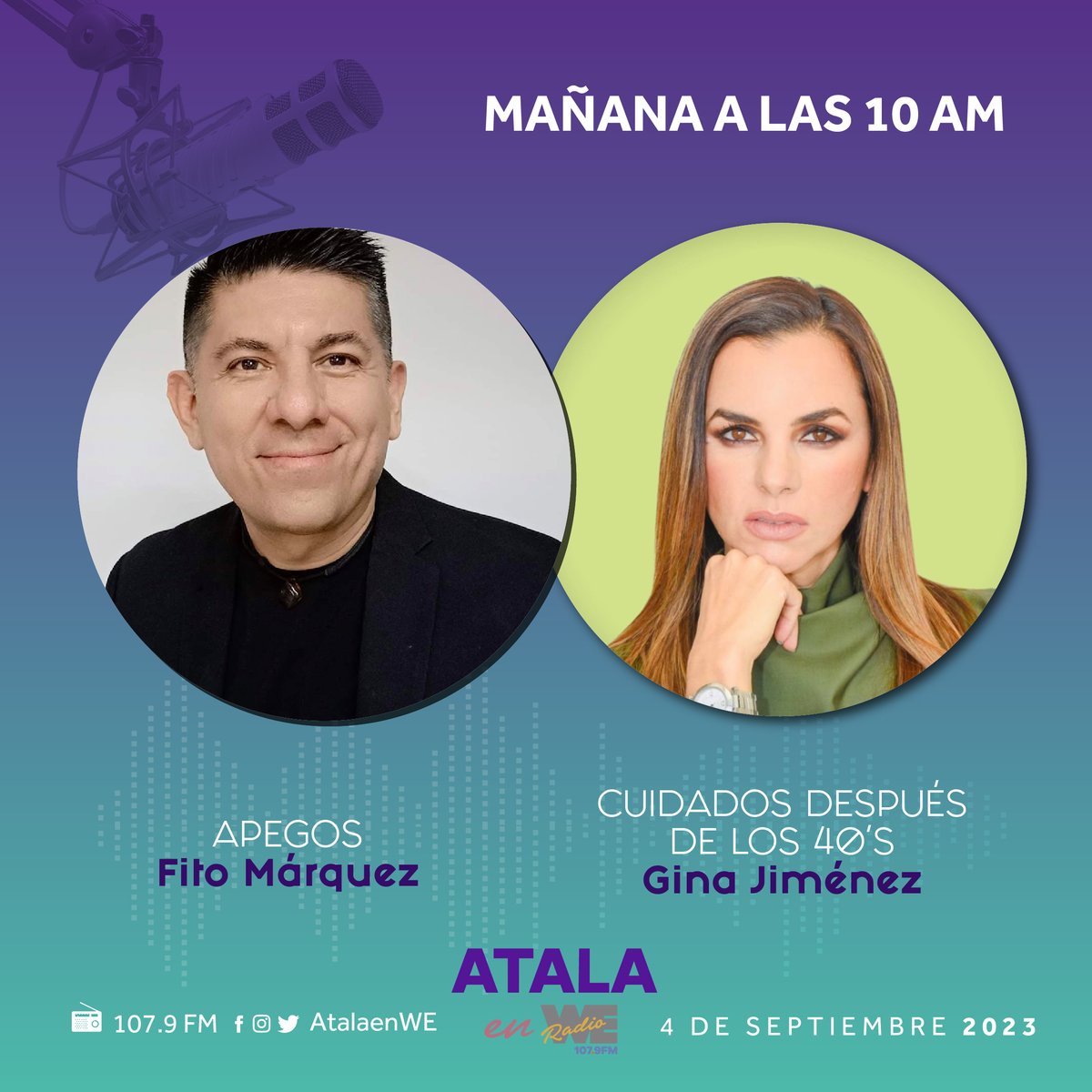 Este #Lunes en #AtalaEnWE
Hablemos de apegos con Fito Márquez. Además, la nutrióloga Gina Jiménez nos habla de los cuidados para después de los 40's.
Sintonízanos a través de We Radio 107.9 FM
