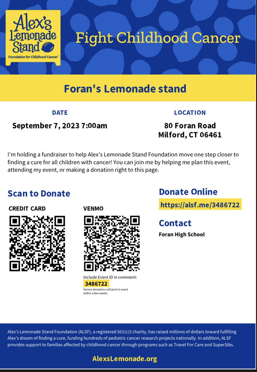 ManeStMirror's tweet image. Save the date! 💛🍋 in one week #Foran will be hosting our lemonade stand for childhood cancer at the football game.wear yellow or gold to school and the game and bring any donation! Donations collected during CT and the game 💛🍋🍋💛