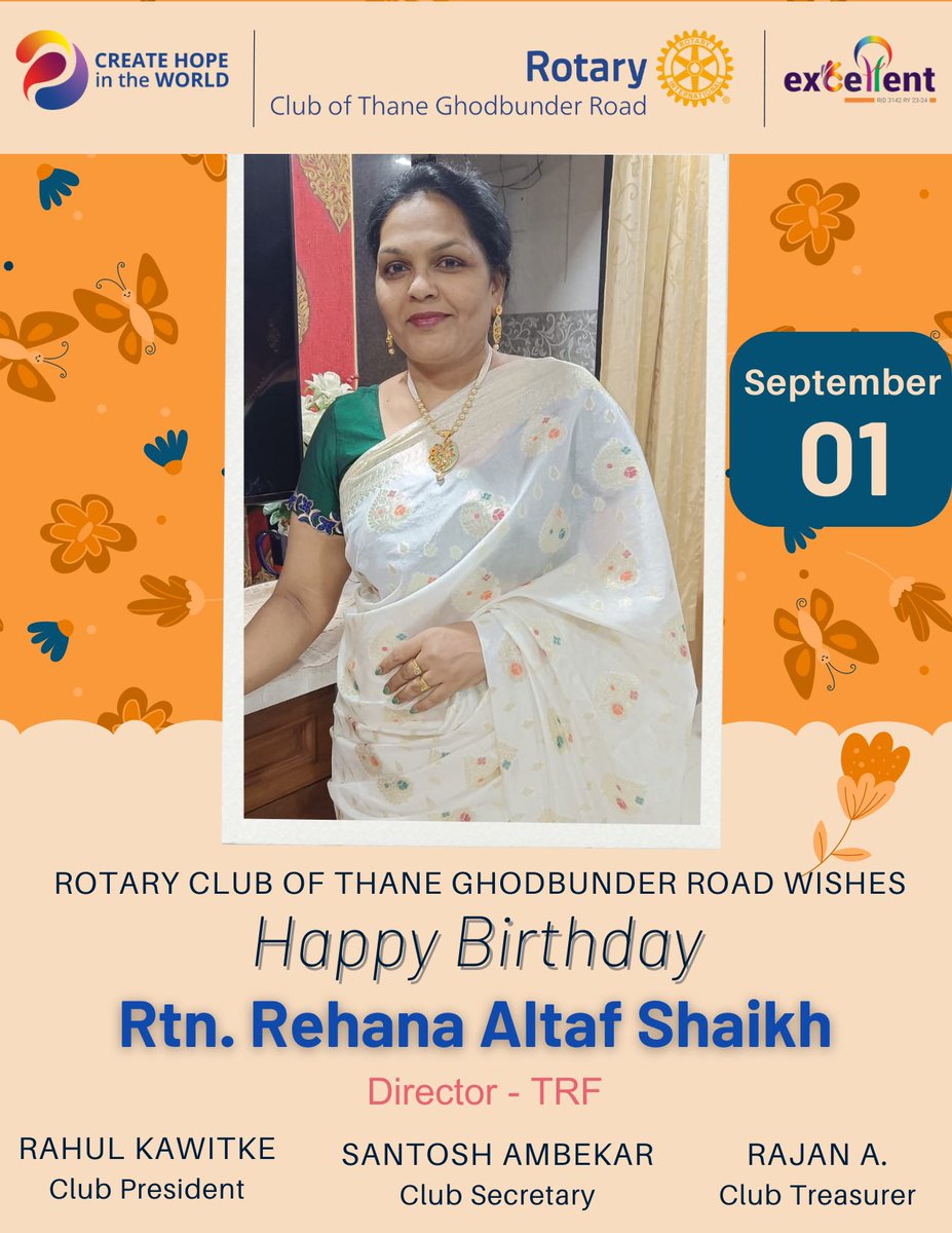 Happy birthday, Rtn. Rehana Shaikh, TRF Director, RY23-24.

#rotary #ghodbunderroad #thane #ghodbunder #rotaryinternational #rotaryclub #district3142 #leaders #rotaryindia #excelletrotary #excellent #wearepeopleofaction #rctgbr #rotaryfamily #birthday #rotarybirthdays