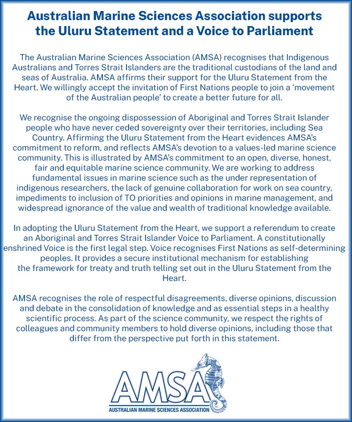 AMSA National Council has developed a formal statement in support of the Uluru statement and the Voice to Parliament. This statement is made as part of AMSA's commitment to support development of a fair and equitable marine science community and supports our indigenous colleagues