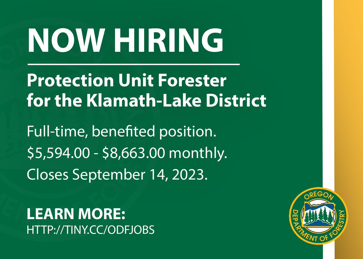 ORDeptForestry's tweet photo. Looking for a rewarding career with purpose? ODF’s Klamath-Lake District is looking for a Protection Unit Forester. This is a full-time, benefited Forest Manager 2 position based out of Lakeview. This recruitment closes Sun., Sept. 14. Learn more &amp; apply: https://t.co/QACzC7Tv7X https://t.co/TfkfiIDYfP