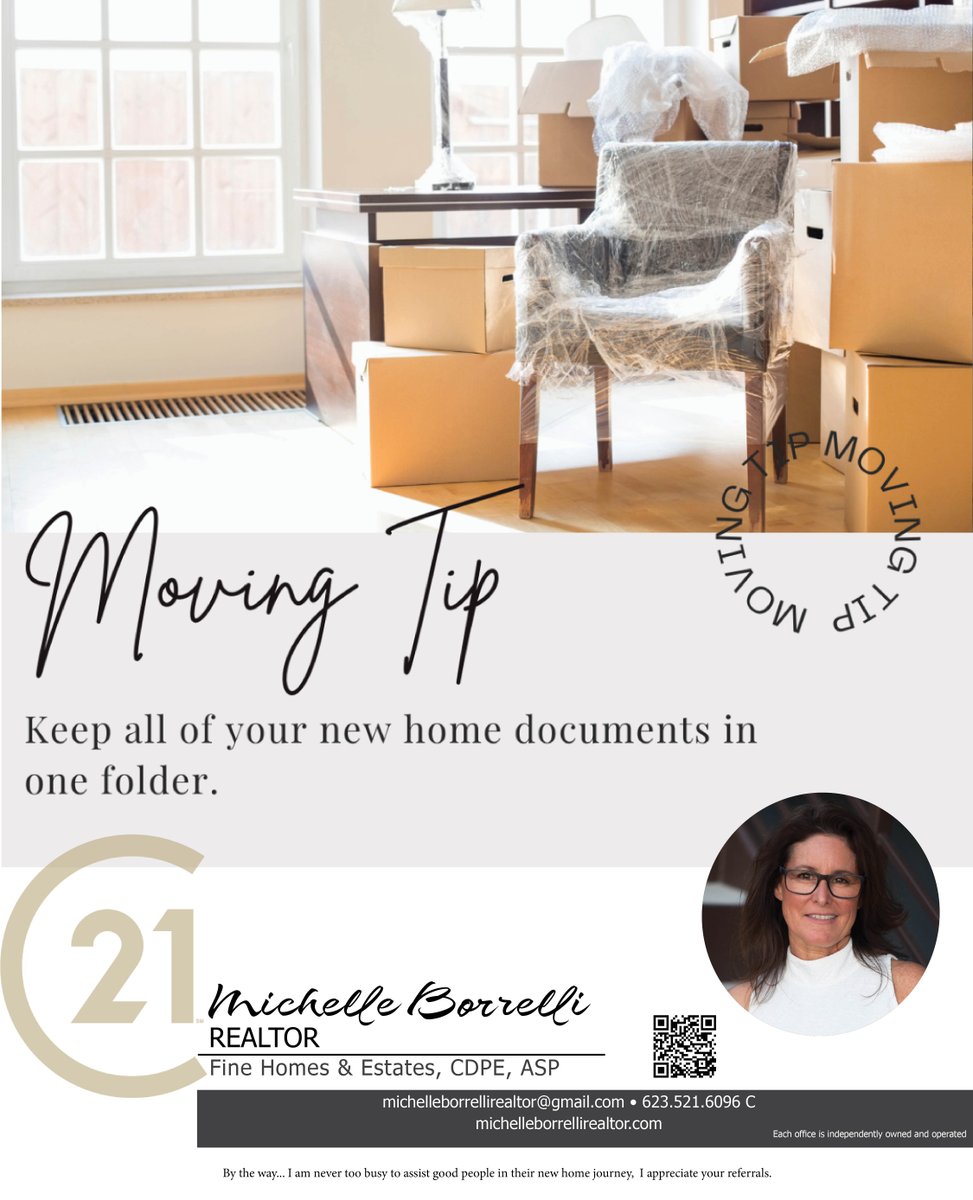 Borrellirealtor's tweet image. Moving Tip
  Start collecting all of your new home paperwork in one folder. 
 New addresses
 Rental or purchase papers
 Moving contracts
 Warranty information for appliances
 Instruction manuals

#movingtipsandtricks #michelleborrellirealtor #homeselling #homebuying #weremoving