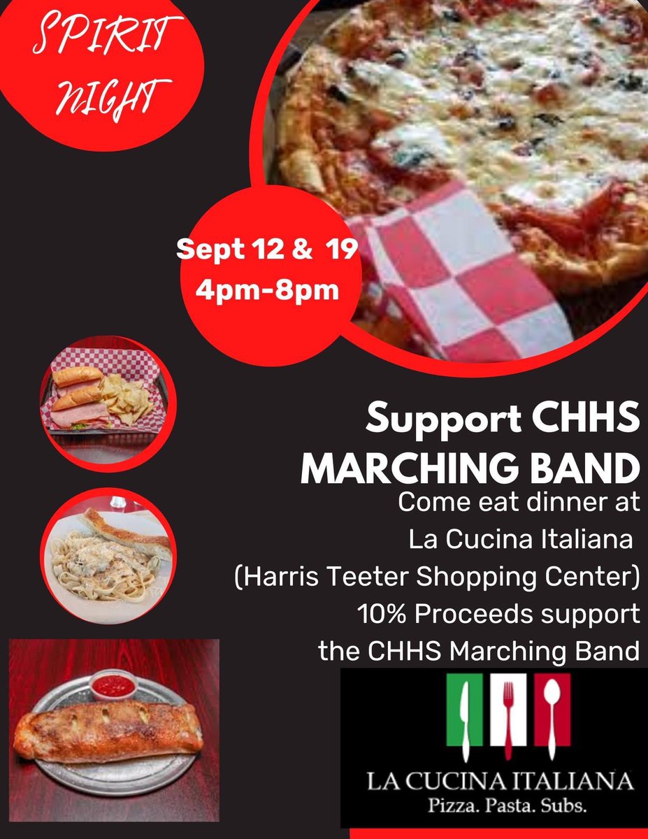 Support CHHS Marching Band on Spirit Night at La Cucina Italiana Sept 12 &amp;/or Sept 19; 4-8 pm