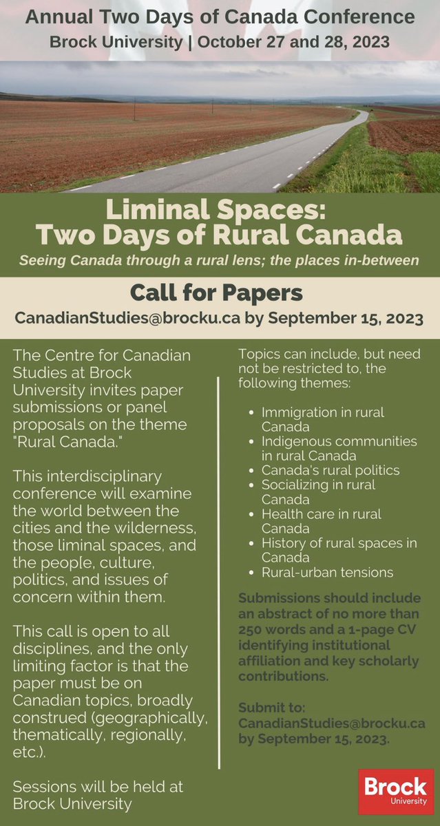 ruralontarians's tweet photo. Here’s a cool opportunity for anyone studying rural Canadian issues! The Centre for Canadian Studies at @BrockUniversity invites paper submissions or panel proposals on the theme "Rural Canada." Submit to: CanadianStudies@brocku.ca https://t.co/3UvvyhdDpL