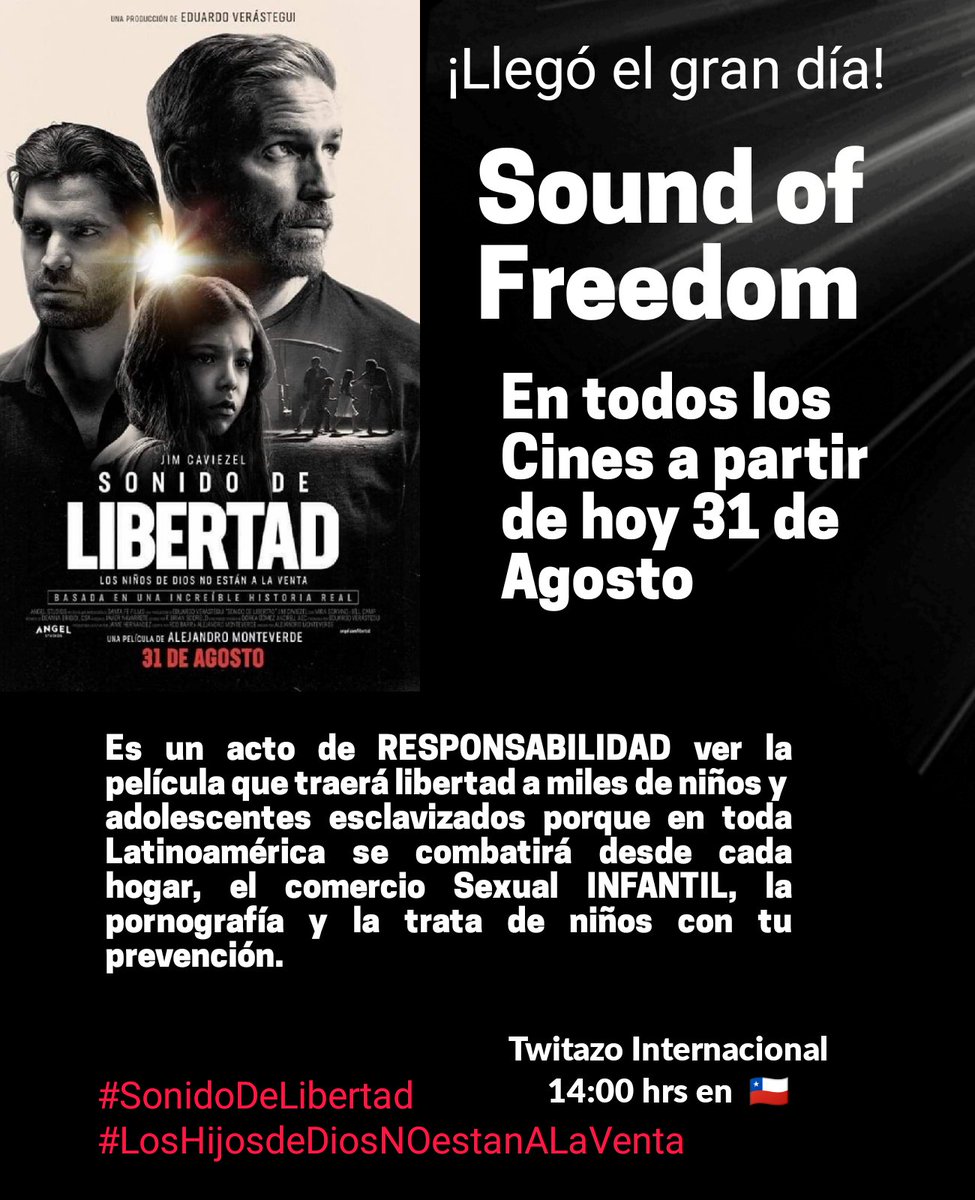 Ya fuiste al Cine a ver 
#SonidoDeLibertad ❓
Que tal ❓
#LosNiñosdeDiosNOestanALaVenta
@jtgazmuri
@Regia_Pam
@virnayah
@FridaSiKahlo
@Jou_Kaiser
@melnicksergio
@ESubercaseaux
@amarielgg
@tere_marinovic
@ObservatorioDmc
@albertoplaza
@carreragonzalo
@sergioulloa1
@fundacionfnm