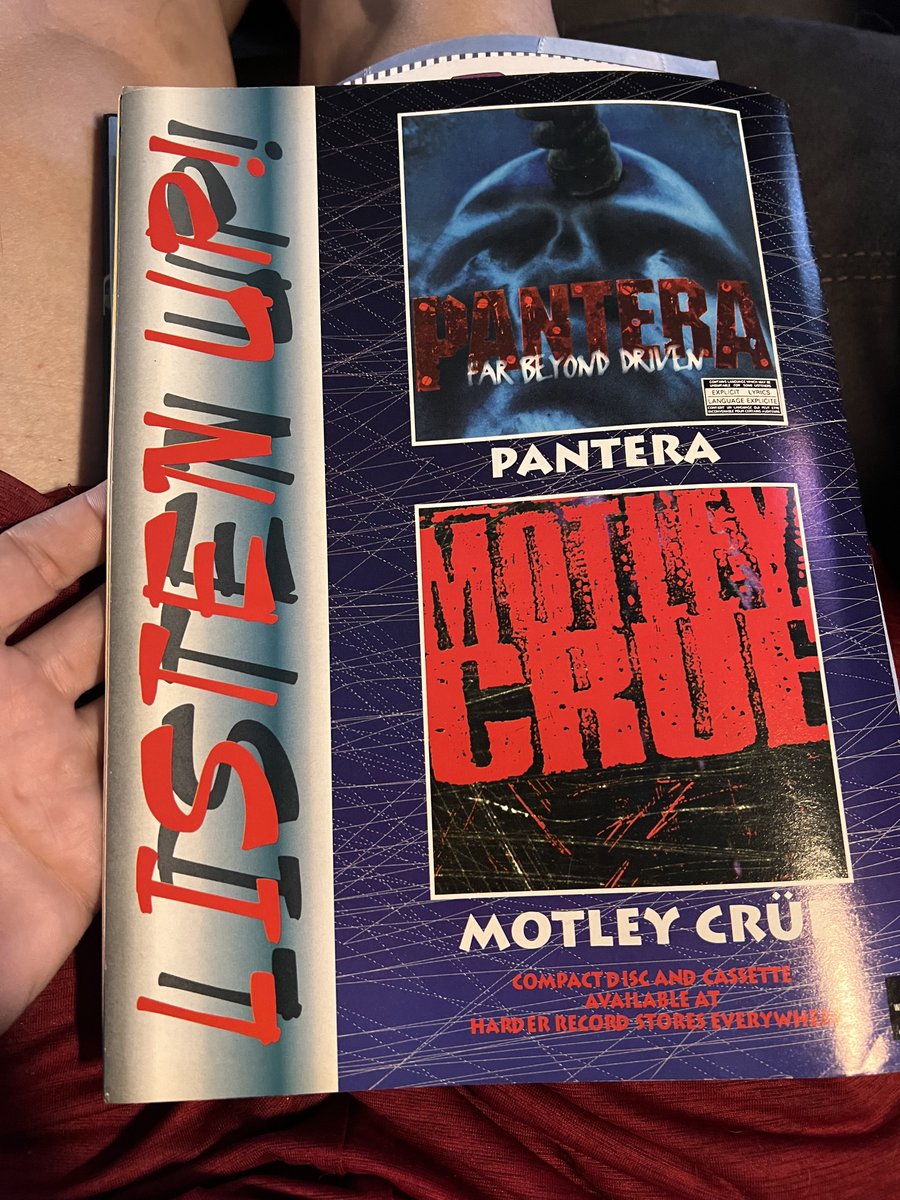 M.E.A.T magazine ad for #MotleyCrue's MC94 album and #FarBeyondDrive from #Pantera. #johncorabi #hairmetal