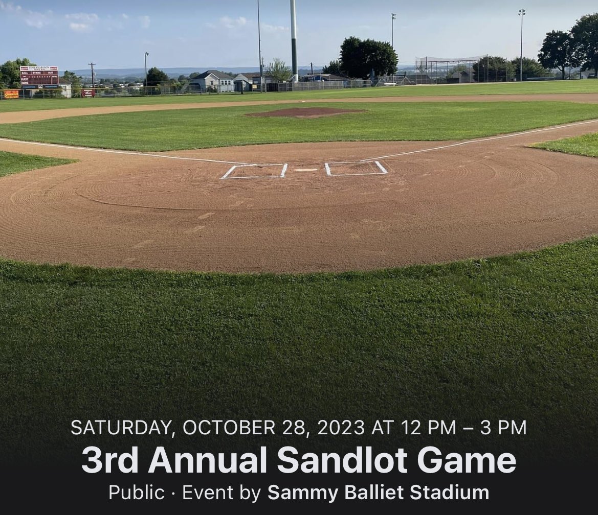 BallietStadium's tweet photo. 3rd Annual Sandlot Game:

Date: Saturday October 28th
Game time: Noon

Rain Date:
Saturday November 4th
Game time: Noon

Grades: 9-12th 

Registration coming soon. 

Last game of the year, snack stand will be open. https://t.co/rom8p1NVKT