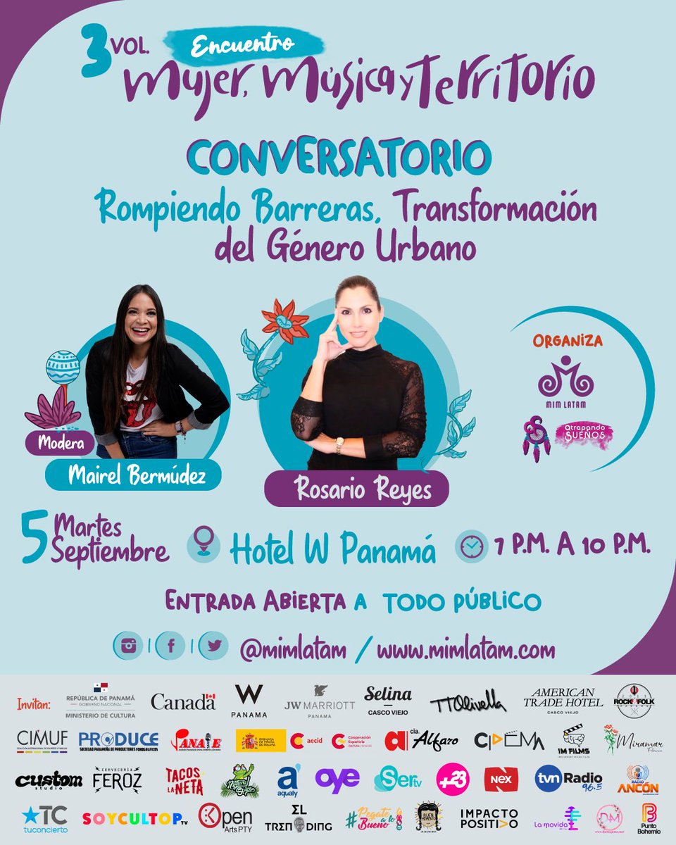 Encuentro Mujer, Música y Territorio Vol. 3
Conversatorio: Rompiendo Barreras, Transformación del Género Urbano.
💜 Rosario Reyes
🧡 Modera: Mairel Bermúdez
📆 Martes 5 septiembre 
📍Hotel W Panamá
⏰ 7 P.M. a 10 P. M. 
🎟️ ENTRADA ABIERTA A TODO PÚBLICO ✨
¡Acompáñanos!🌎💜🧡