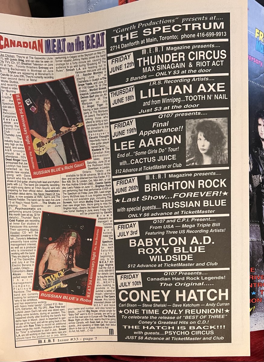 HairMetalGuru's tweet photo. M.E.A.T magazine ad for concerts happening at The Spectrum in Toronto... check out the bands: #LillianAxe #BrightonRock #BabylonAD #RoxyBlue #Wildside #LeeAaron #ConeyHatch. #hairmetal https://t.co/eFA3HUK05U