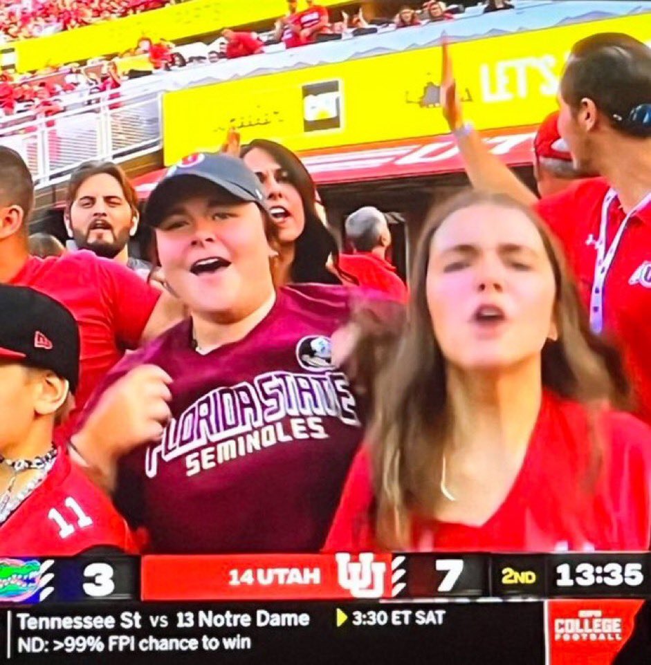 barstoolsports's tweet image. FSU fan making her way to Utah is next level hating