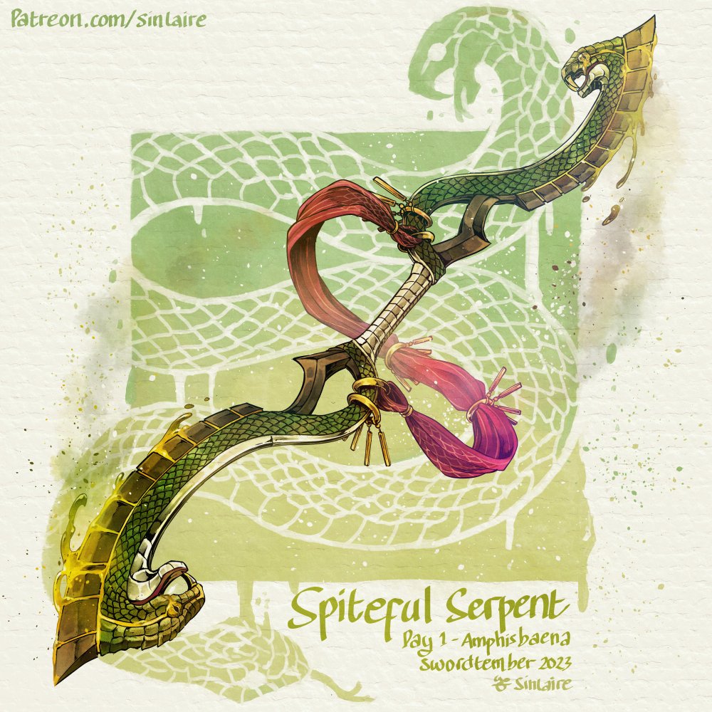 #swordtember Day 1 - Amphisbaena Spiteful Serpent A traditional weapon of an elven tribe from Greenmoss Swamp, made after the image of the local apex predator, The Two-Headed Jade Viper. Hi-res images, stats, and cards available on Patreon #swordtember2023