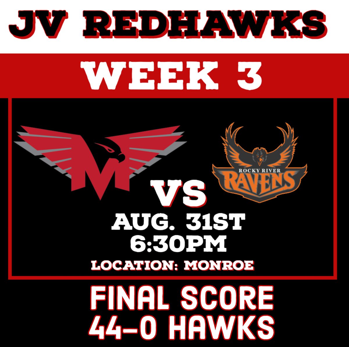 Monroe Redhawks Football π (@monroe_redhawks) on Twitter photo JV Hawks Win!!!
#LeaveNoDoubt
<a href="/MHS_Redhawks/">MHS_Athletics</a> <a href="/MonroeHSNC/">Monroe High School (NC)</a>
<a href="/UCPSNCAthletics/">UCPS NC Athletics</a> <a href="/RedhawkAd/">Tim Niedermeier</a> JV Hawks Win!!!
#LeaveNoDoubt
<a href="/MHS_Redhawks/">MHS_Athletics</a> <a href="/MonroeHSNC/">Monroe High School (NC)</a>
<a href="/UCPSNCAthletics/">UCPS NC Athletics</a> <a href="/RedhawkAd/">Tim Niedermeier</a>