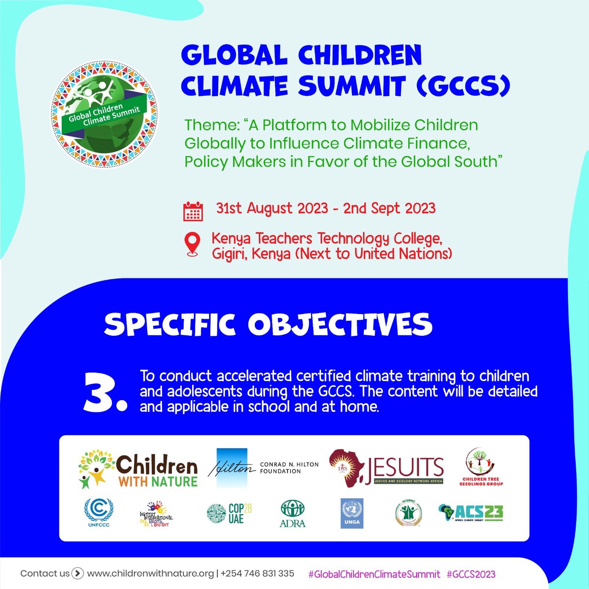 JENA_Africa's tweet photo. 🌎✨ Empowering Tomorrow's Climate Leaders! Join us at #GCCS2023 as we:
3.Equip young minds with certified climate training. 🌿📚
4.Connect youth with COP28 leaders. 🌍🤝
#Youth4ClimateAction #ChampioningChange
#GlobalChildrenClimateSummit #GCCS2023 #ACS2023 https://t.co/175NcoxJCa