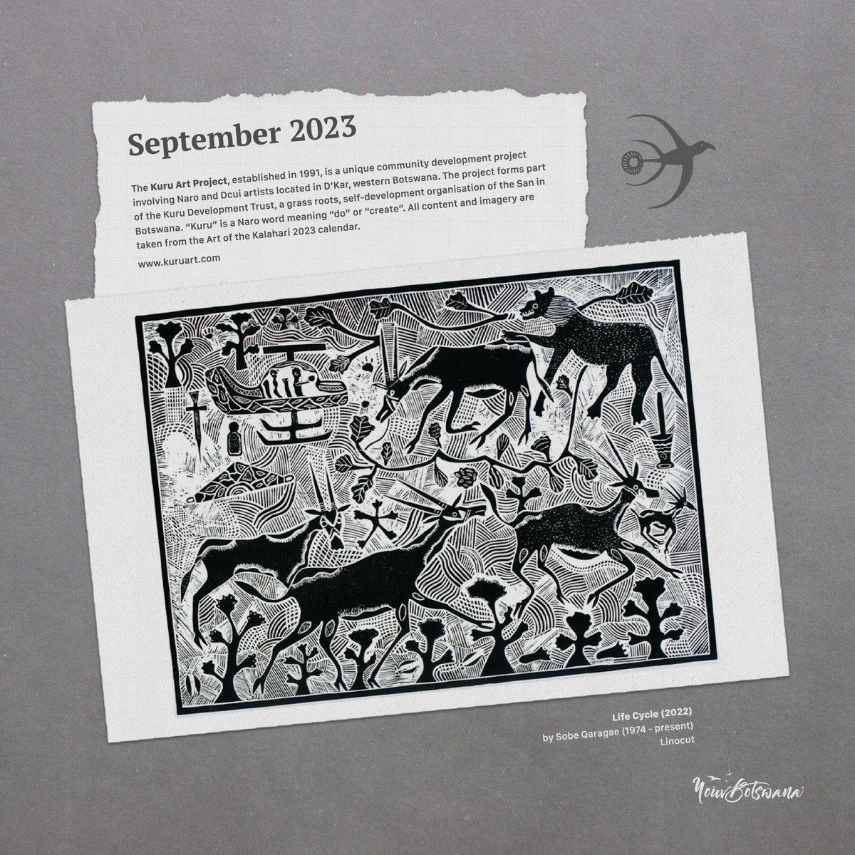 September celebration of Botswana arts and culture. Contemporary bushmen art from the Kuru Art Project in Botswana. Imagery taken from the Art of the Kalahari 2023 calendar.

#celebration #botswana #art #culture #bushmen #project #calendar #finearts #artist #creative #africa