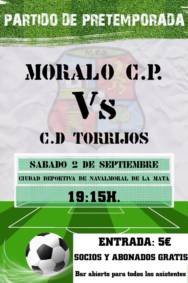PARTIDO DE PRETEMPORADA 
<a href="/MORALO_CP/">MORALO CP</a> - <a href="/cdtorrijos_ofcl/">CD Torrijos Oficial</a> 
El partido es en la Ciudad Deportiva de Navalmoral de la Mata.
Gracias a la Academia Moralo por su colaboración general y en este partido en particular.