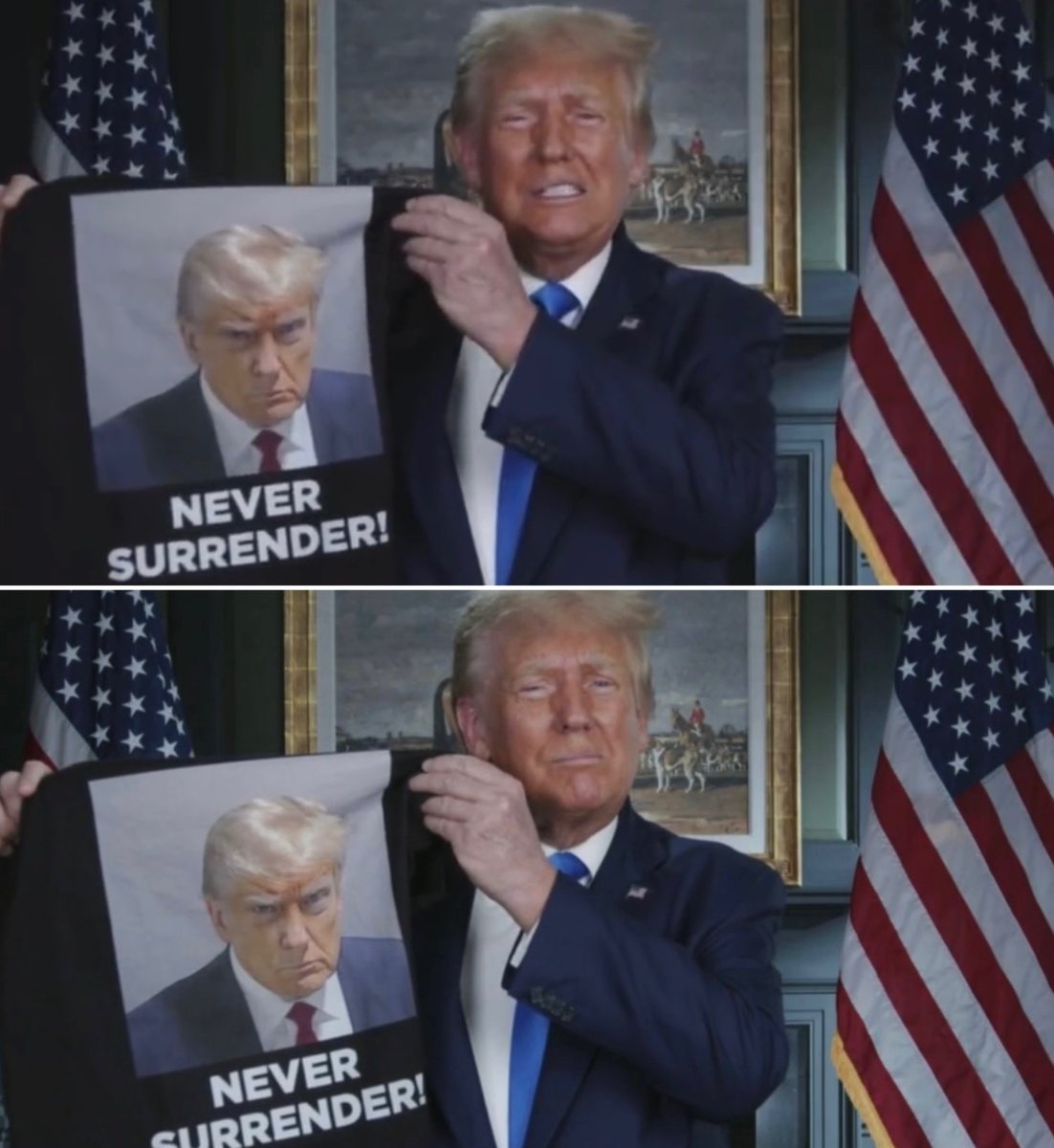 PopCrave's tweet image. Former president Donald Trump posing with his mugshot merch.
